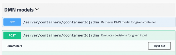 In the KIE Server Swagger UI, navigate to DMN Assets and locate POST /server/containers/{containerId}/dmn.