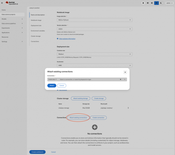 Figure 4: Red Hat OpenShift AI - Create Workbench - Attach existing connections