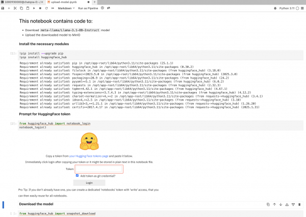 Figure 5: Red Hat OpenShift AI - Run Jupyter notebook - Hugging Face token prompt