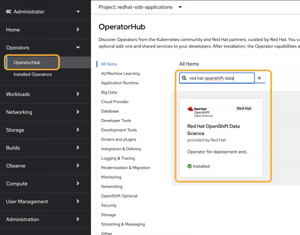 Searching for the Red Hat OpenShift Data Science operator in OperatorHub.