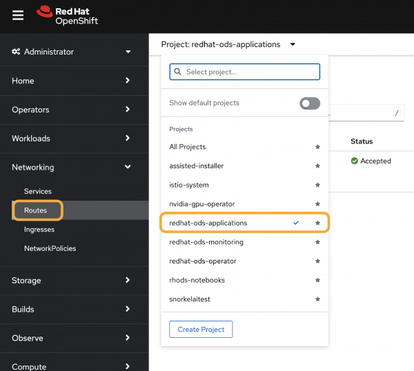 Under Routes, change the project to redhat-ods-application.