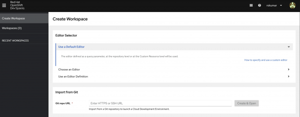 The Red Hat OpenShift Dev Spaces user dashboard, showing options to create and manage workspaces.