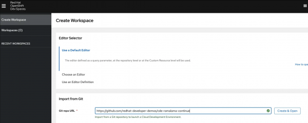 Git repository URL pasted in Import from Git text box in Red Hat OpenShift Dev Spaces user dashboard in order to import Git repository to launch a cloud development environment.