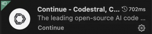 Editor interface highlighting the Continue extension icon on the left sidebar, indicating its role in connecting to AI models.
