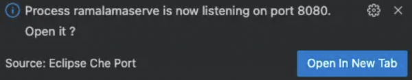 Editor interface showing a notification that RamaLama is running an AI model in the background.