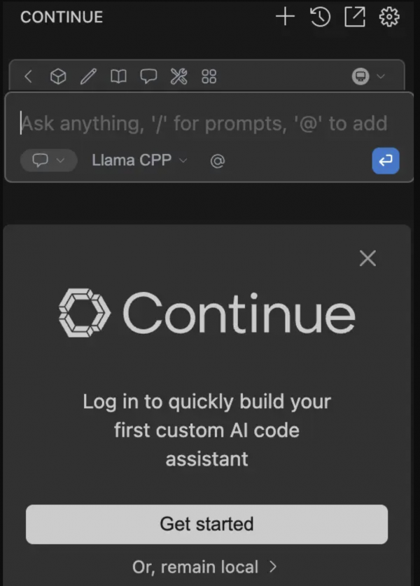 Editor interface with the Continue extension open, showing it connected to the IBM Granite model served by RamaLama.