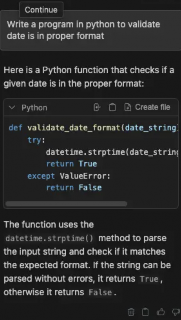 Editor interface with the Continue extension's chatbox, demonstrating a query being typed to request a data validation program.