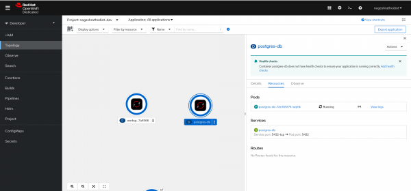 Running PostgreSQL pod in Topology view