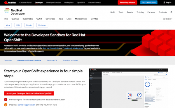 On the Welcome (getting started) site for Developer Sandbox, a button allows you to launch your Developer Sandbox.