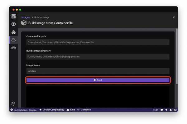 A screenshot of the Podman Desktop build image menu.