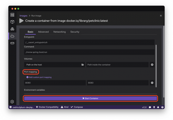 A screenshot showing the start container button in the Podman Desktop menu.
