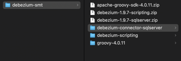 A screenshot of the unzipped debezium and groovy folders.