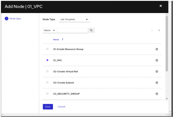 A screenshot of the form for selecting the job templates as nodes in Ansible workflow.