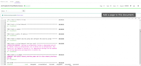 A screenshot of the output from the job in the Ansible Automation Platform console.