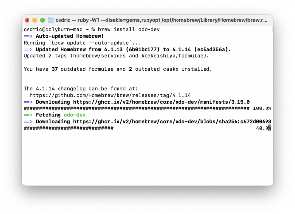 Installing odo using the Homebrew package manager on macOS.
