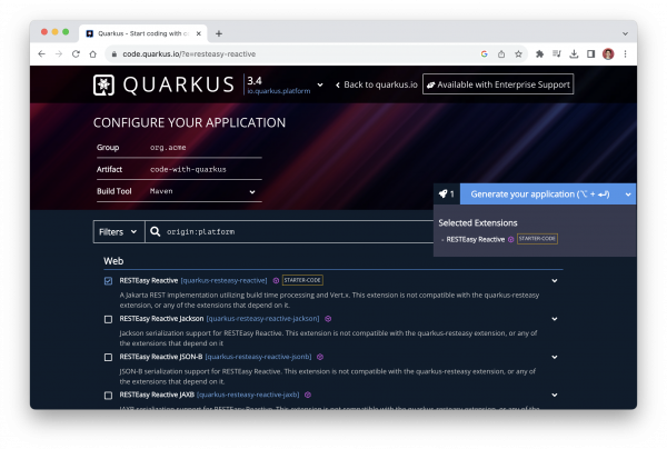 A screenshot of generating starter code through the quarkus quickstart page.