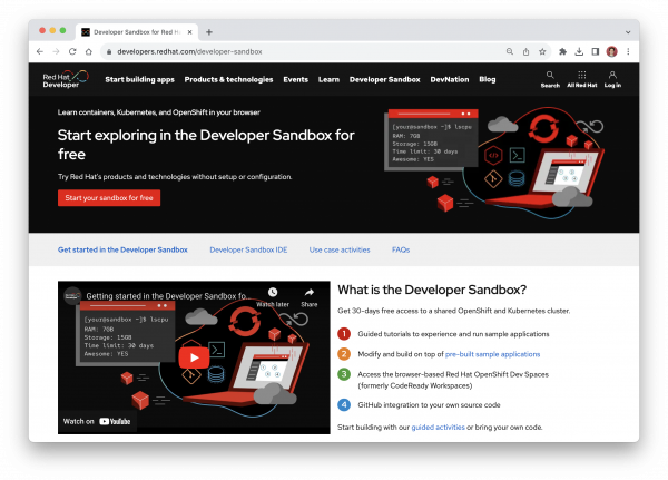 Viewing the homepage of Developer Sandbox for Red Hat OpenShift.