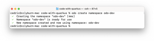 A screenshot of creating a new namespace for development using odo.