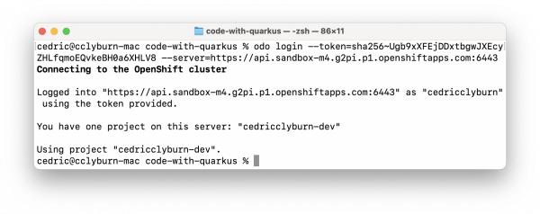 Authenticating to our OpenShift cluster using odo.