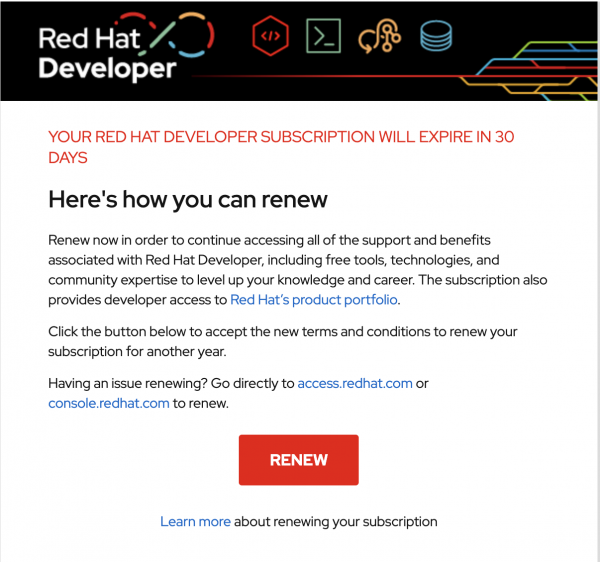 Email notification from Red Hat Developer regarding upcoming subscription expiration.
