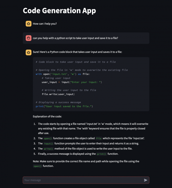 Screenshot of code generation application.