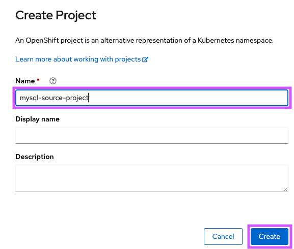 Provide the Project Name as "mysql-source-project" and select "Create"