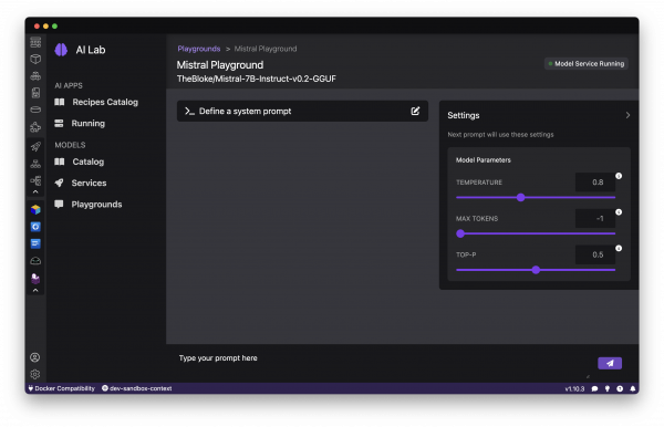 Podman AI Lab's Playground interface