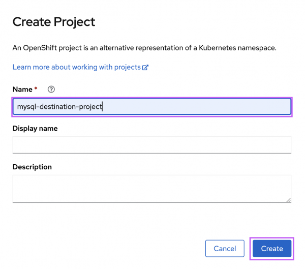 Provide the Project Name as "mysql-destination-project" and select "Create"