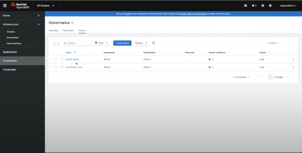 A view of the Governance tab within the Red Hat OpenShift dashboard displaying the policies necessary for utilizing RHACM Right Sizing capabilities.