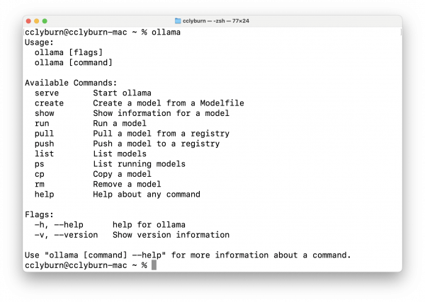 Ollama command-line interface showing model serving options