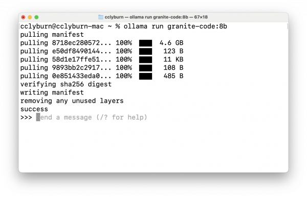 Terminal output showing Ollama downloading the Granite 8B model