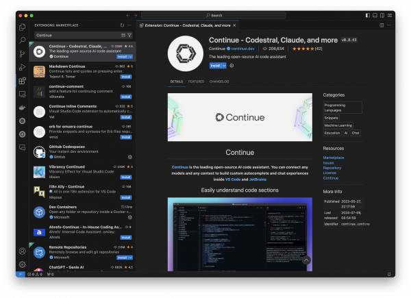 VS Code marketplace showing the Continue extension installation