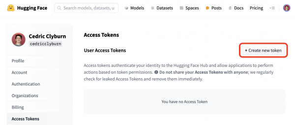 Hugging Face user settings page for generating access tokens