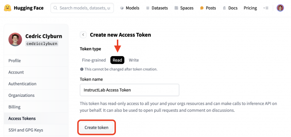 Hugging Face token permission settings