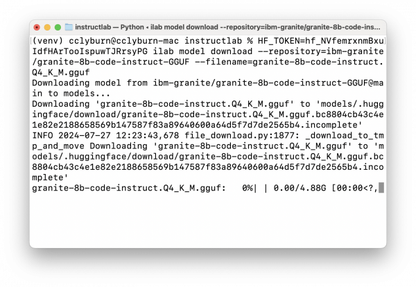 Terminal output showing InstructLab downloading the Granite 8B model