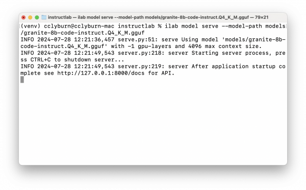 Terminal output showing InstructLab serving the Granite model