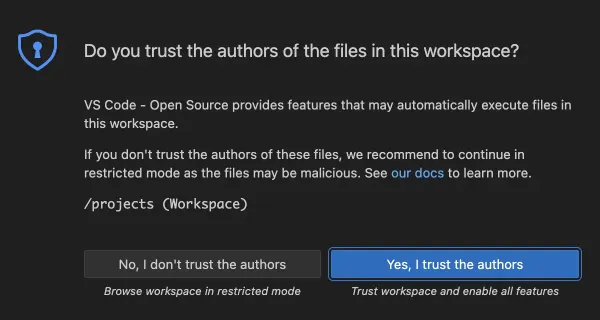 Figure 4: Visual Studio Code - Open Source ("Code - OSS") Warning Pop-Up