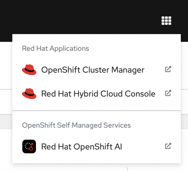 A screenshot of the Openshift AI drop down menu.