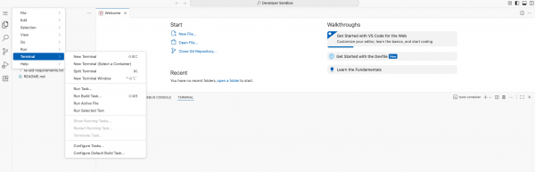 Figure 5 : Opening terminal in Red Hat OpenShift DevSpaces Cloud IDE