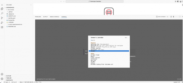 Figure 7: Choosing Large Language Model provider via OpenCode /connect command