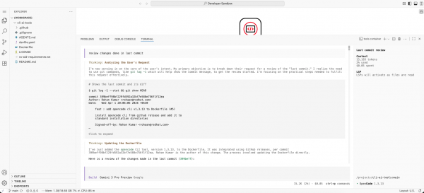 Figure 8: Giving sample prompt to OpenCode to analyze changes done in previous commit