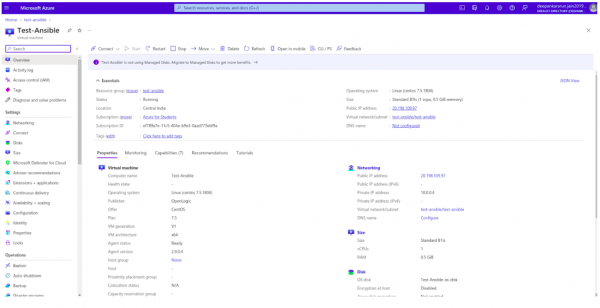 A screenshot of the details page for the virtual machine in Azure.