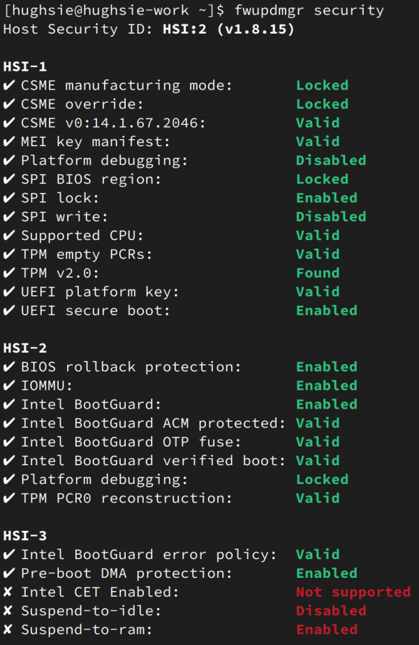 Screenshot of fwupdmgr security console output