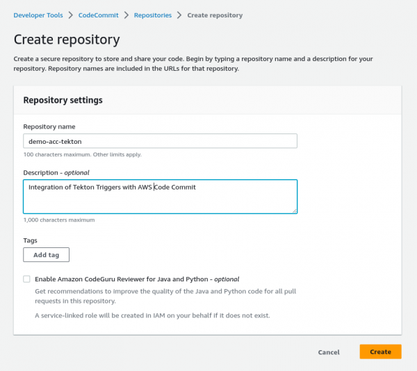 A screenshot of the create repository page in AWS CodeCommit.