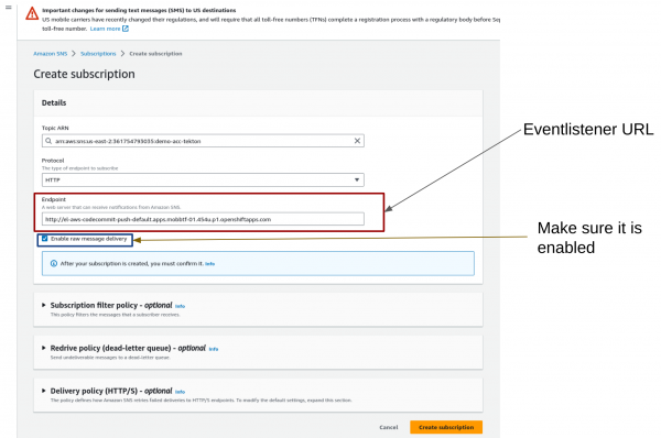 A screenshot of the second part of creating a subscription in AWS code commit.