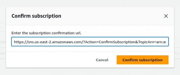 A screenshot of the confirm subscription button in AWS code commit.