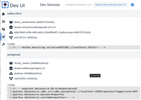 Quarkus Dev UI showing Kafka and Postgresql Dev Services