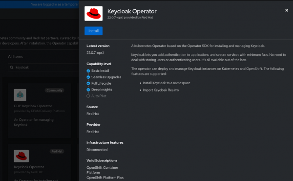 In Operator Hub we will search for Red Hat Build of Keycloak Operator