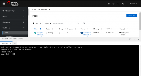 Screenshot of the OpenShift web console with a web terminal instance open.