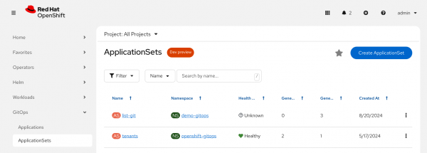 OpenShift Console ApplicationSets